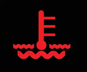 Red engine coolant temperature warning light on black background.