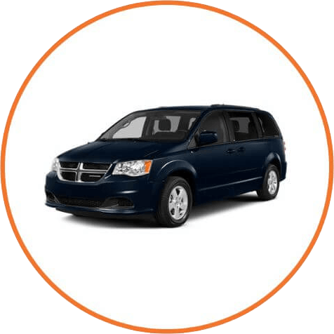 Dark blue Dodge Grand Caravan inside an orange circular frame.