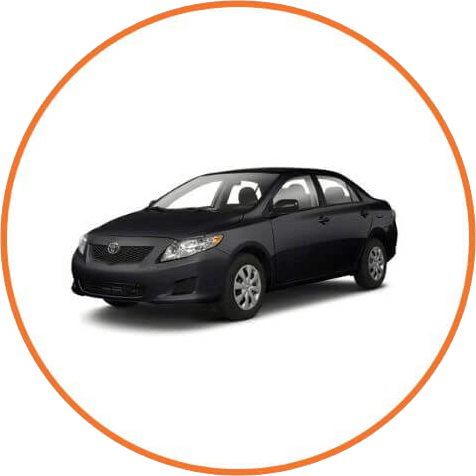 Gemini said A dark grey Toyota Corolla sedan centered within an orange circular frame on a white background.